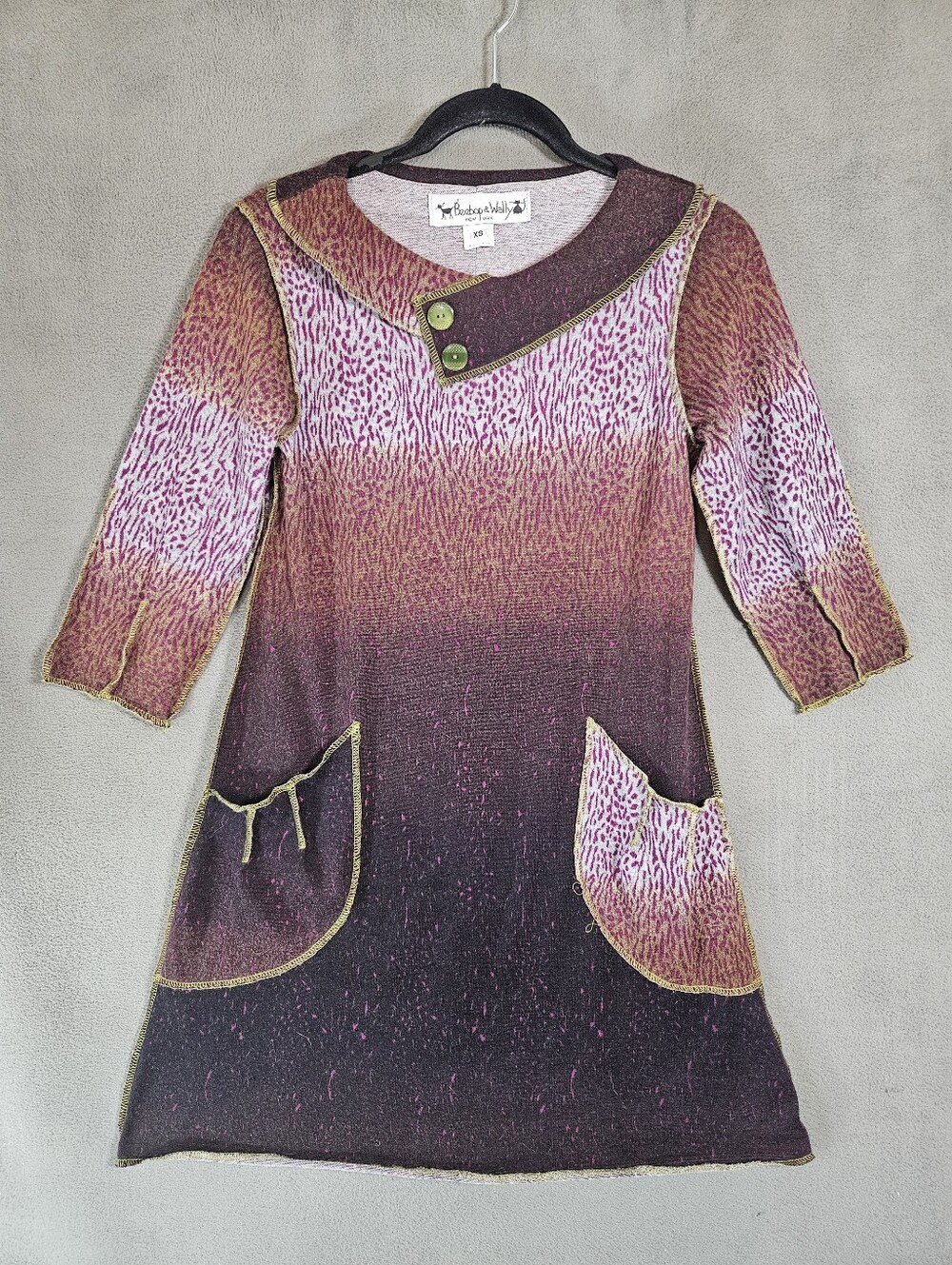 Beebop & Wally XS Knit Felted Fleece Dress Tunic Mod Retro Pockets Flare Artsy